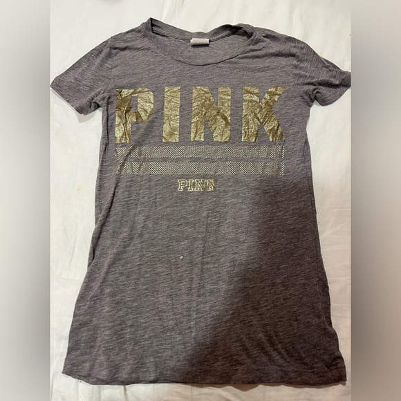 PINK Victoria's Secret Gray And Gold Tee Shirt - Picture 1 of 7